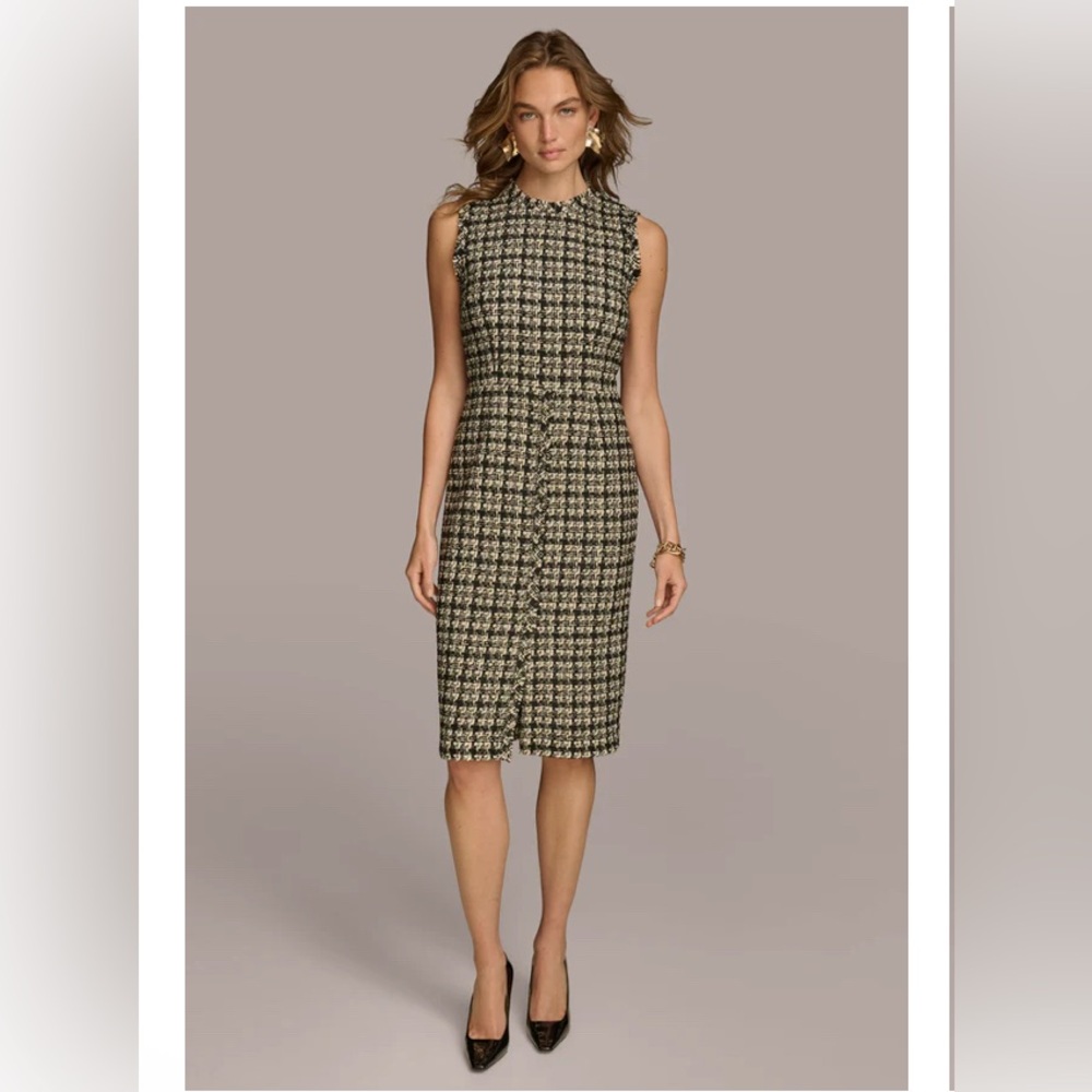 NWT Donna Karan Houndstooth Metallic Tweed Crew Neck Sleeveless Sheath Dress, 6
